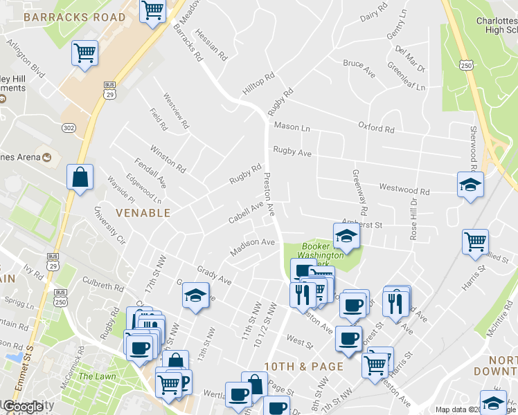 map of restaurants, bars, coffee shops, grocery stores, and more near 1123-29 Preston Avenue in Charlottesville