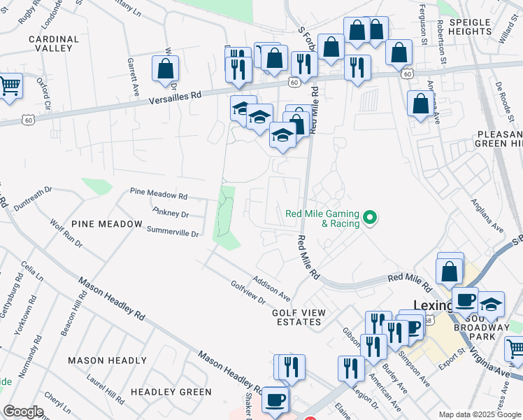 map of restaurants, bars, coffee shops, grocery stores, and more near 1151 Horsemans Lane in Lexington