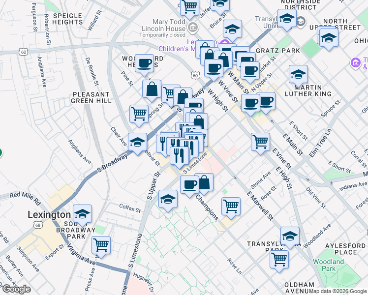 map of restaurants, bars, coffee shops, grocery stores, and more near 523 South Upper Street in Lexington