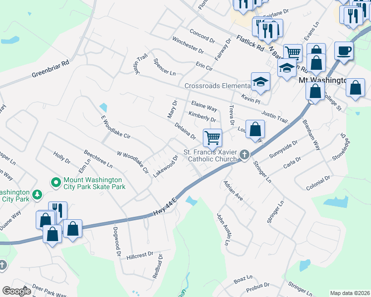 map of restaurants, bars, coffee shops, grocery stores, and more near 263 Woodlake Drive in Mount Washington