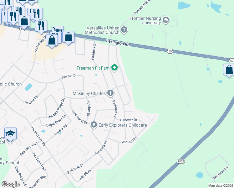 map of restaurants, bars, coffee shops, grocery stores, and more near 217 Paddock Drive in Versailles