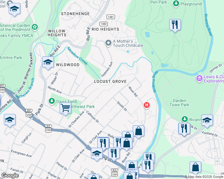 map of restaurants, bars, coffee shops, grocery stores, and more near 1101 Locust Avenue in Charlottesville