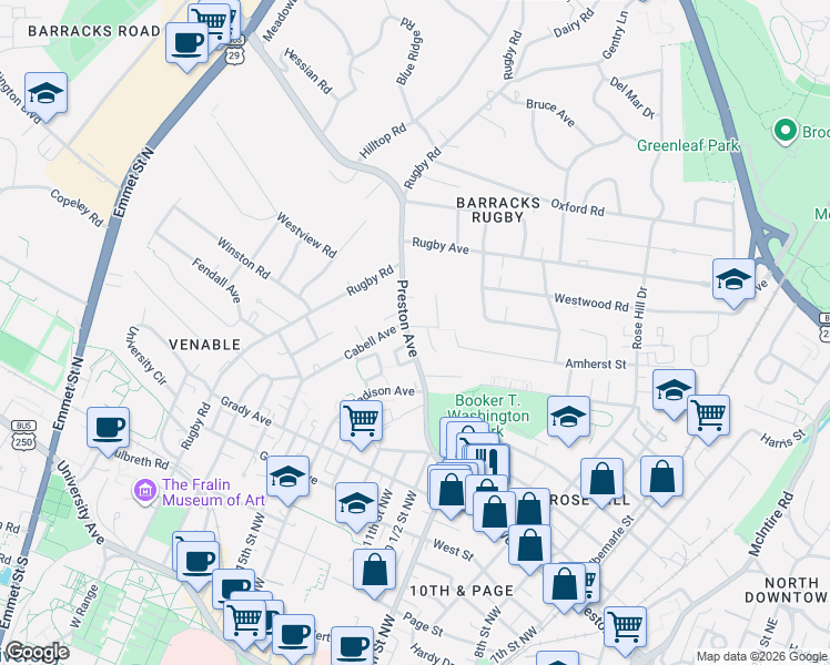map of restaurants, bars, coffee shops, grocery stores, and more near 105 Barbour Drive in Charlottesville