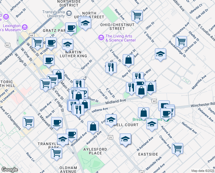 map of restaurants, bars, coffee shops, grocery stores, and more near 514 East 2nd Street in Lexington