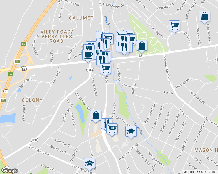 map of restaurants, bars, coffee shops, grocery stores, and more near 1625 Alexandria Drive in Lexington
