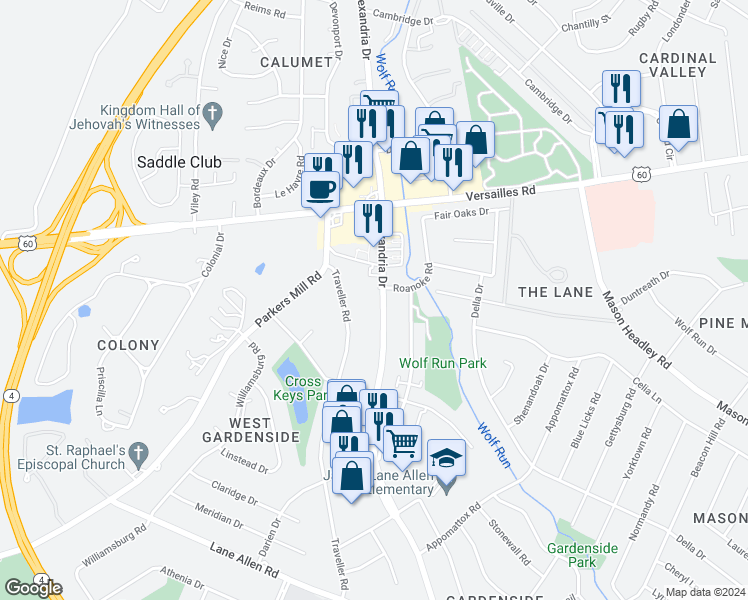 map of restaurants, bars, coffee shops, grocery stores, and more near 1625 Alexandria Drive in Lexington