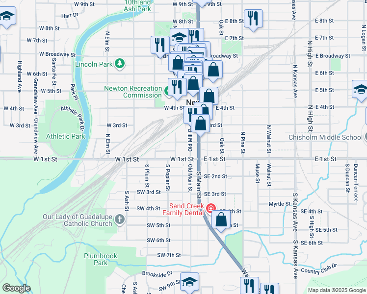 map of restaurants, bars, coffee shops, grocery stores, and more near 108 North Poplar Street in Newton