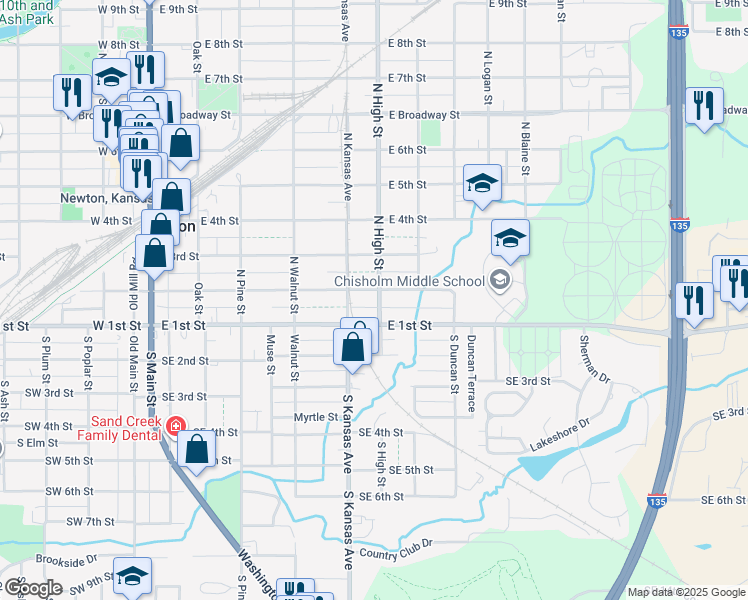 map of restaurants, bars, coffee shops, grocery stores, and more near 604 East 1st Street in Newton