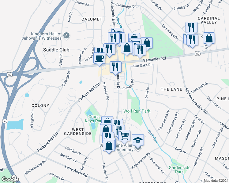 map of restaurants, bars, coffee shops, grocery stores, and more near 1607 Alexandria Drive in Lexington