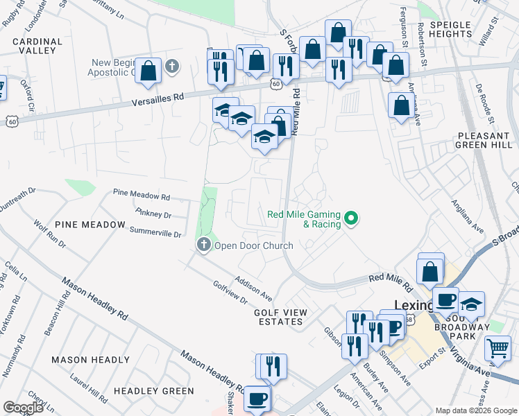 map of restaurants, bars, coffee shops, grocery stores, and more near 845 Red Mile Road in Lexington