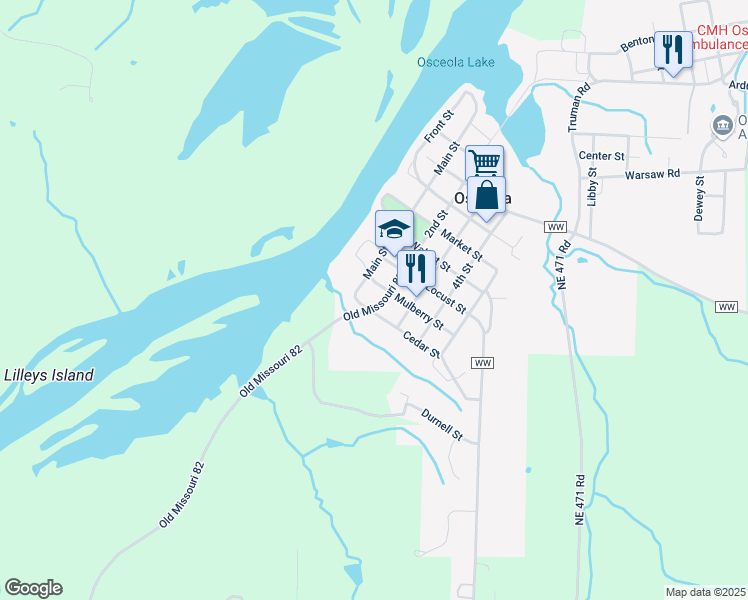 map of restaurants, bars, coffee shops, grocery stores, and more near 200-260 Cedar Street in Osceola