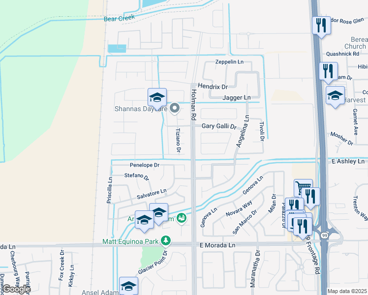 map of restaurants, bars, coffee shops, grocery stores, and more near 3454 Zaccaria Way in Stockton
