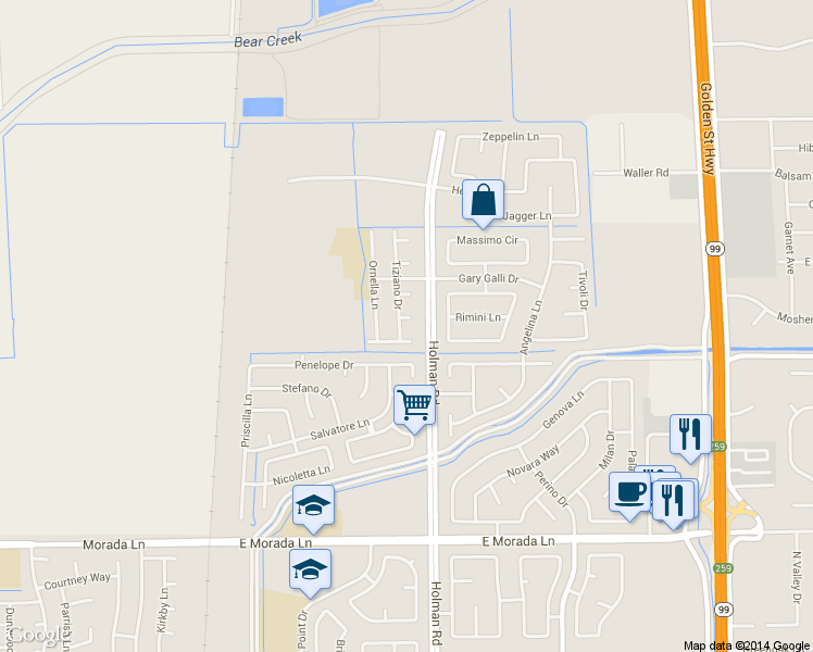 map of restaurants, bars, coffee shops, grocery stores, and more near 3454 Zaccaria Way in Stockton