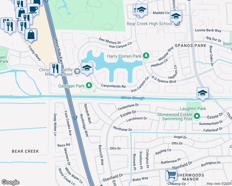 map of restaurants, bars, coffee shops, grocery stores, and more near 3509 Deseret Drive in Stockton