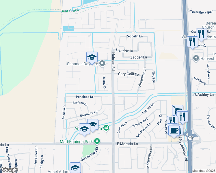 map of restaurants, bars, coffee shops, grocery stores, and more near 3454 Zaccaria Way in Stockton