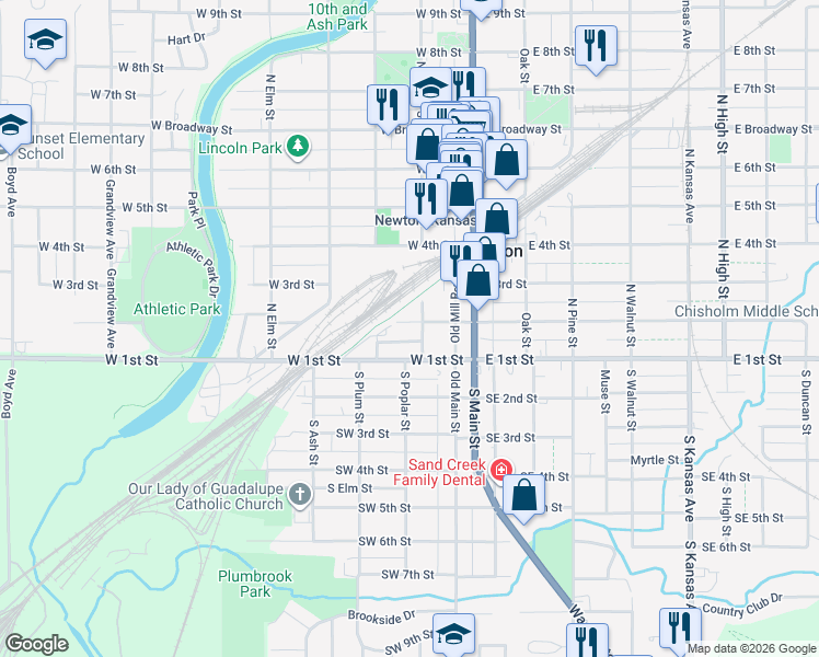 map of restaurants, bars, coffee shops, grocery stores, and more near 108 North Poplar Street in Newton