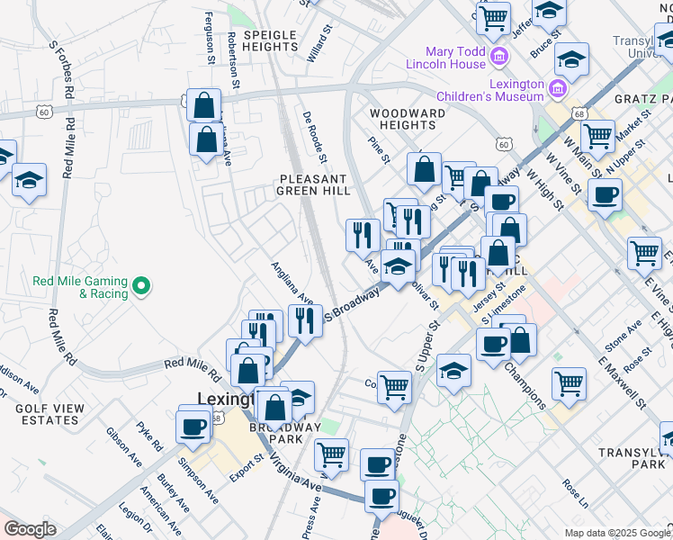 map of restaurants, bars, coffee shops, grocery stores, and more near 701 South Broadway in Lexington