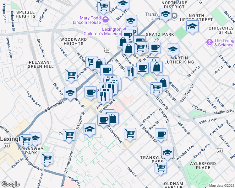map of restaurants, bars, coffee shops, grocery stores, and more near 275 South Limestone in Lexington