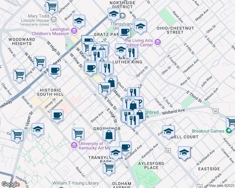 map of restaurants, bars, coffee shops, grocery stores, and more near 248 East Main Street in Lexington