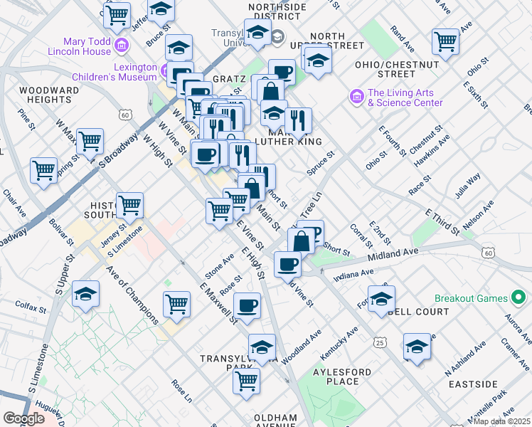 map of restaurants, bars, coffee shops, grocery stores, and more near 248 East Main Street in Lexington