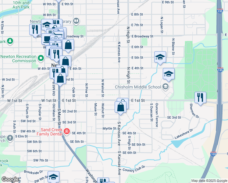 map of restaurants, bars, coffee shops, grocery stores, and more near 425 East 2nd Street in Newton