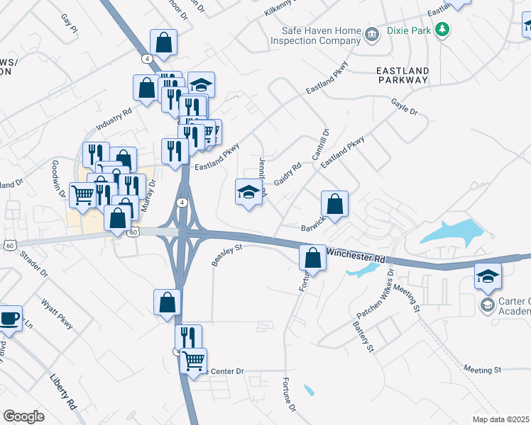 map of restaurants, bars, coffee shops, grocery stores, and more near 1719 Jennifer Road in Lexington