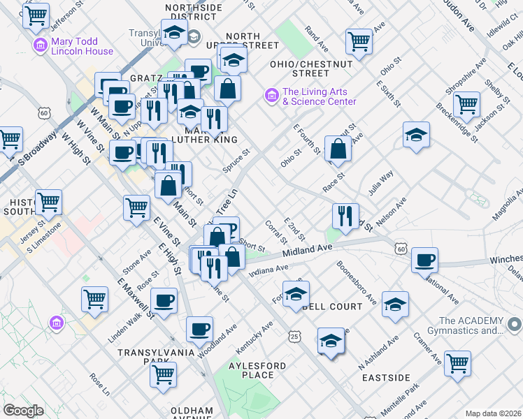 map of restaurants, bars, coffee shops, grocery stores, and more near 355 East 2nd Street in Lexington