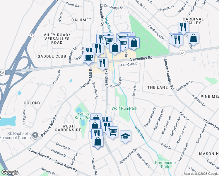 map of restaurants, bars, coffee shops, grocery stores, and more near 1553 Alexandria Drive in Lexington