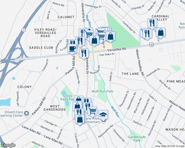 map of restaurants, bars, coffee shops, grocery stores, and more near 1522 Roanoke Road in Lexington