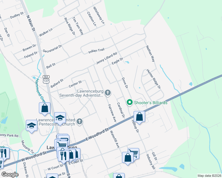 map of restaurants, bars, coffee shops, grocery stores, and more near 89 Eagle Drive in Lawrenceburg