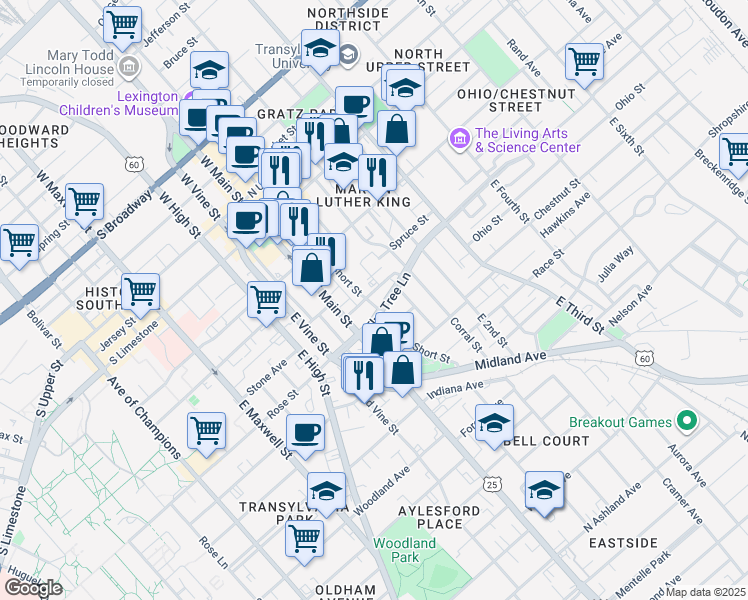 map of restaurants, bars, coffee shops, grocery stores, and more near 145 Deweese Street in Lexington