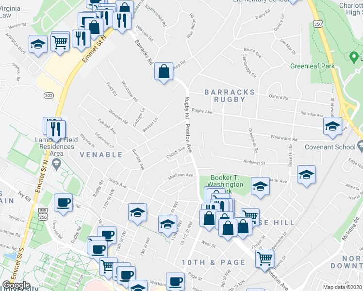 map of restaurants, bars, coffee shops, grocery stores, and more near 930 Hemlock Lane in Charlottesville