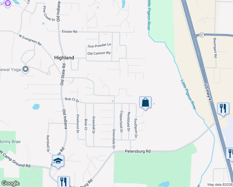 map of restaurants, bars, coffee shops, grocery stores, and more near 7210 Greendale Drive in Evansville