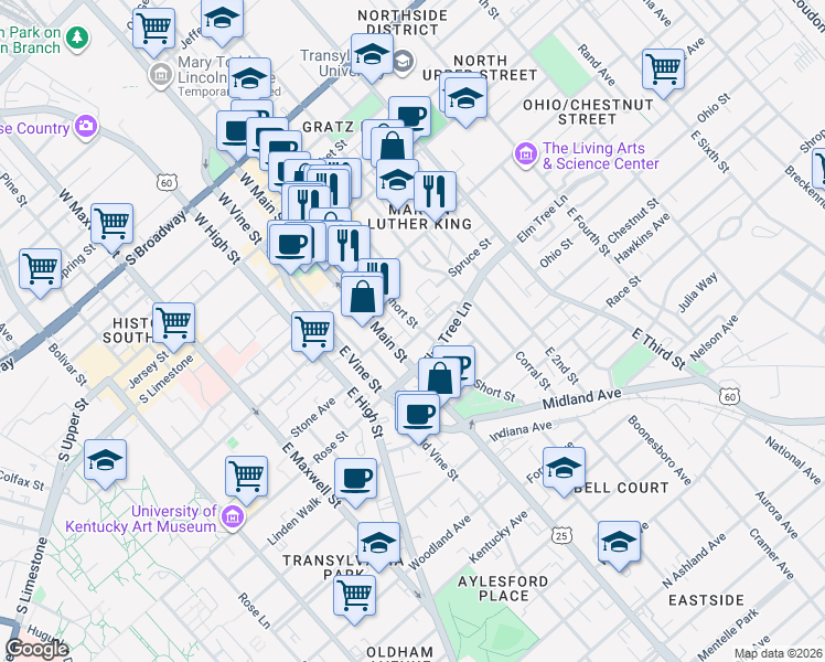 map of restaurants, bars, coffee shops, grocery stores, and more near 238 East Short Street in Lexington