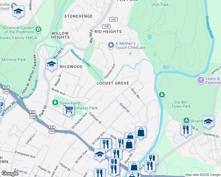 map of restaurants, bars, coffee shops, grocery stores, and more near 1110 Holmes Ave in Charlottesville