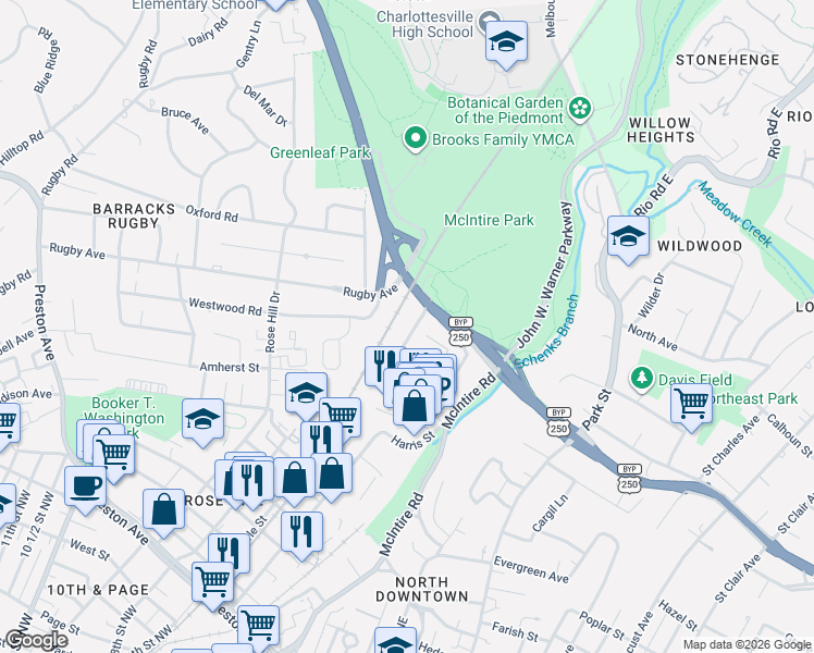 map of restaurants, bars, coffee shops, grocery stores, and more near 1021 Birdwood Rd in Charlottesville