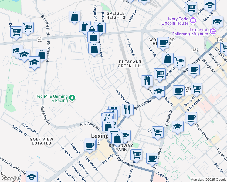 map of restaurants, bars, coffee shops, grocery stores, and more near 498 Angliana Avenue in Lexington