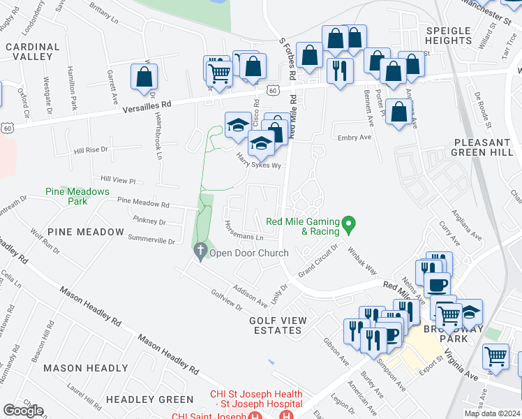 map of restaurants, bars, coffee shops, grocery stores, and more near 845 Red Mile Road in Lexington