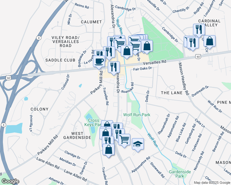 map of restaurants, bars, coffee shops, grocery stores, and more near 1553 Alexandria Drive in Lexington