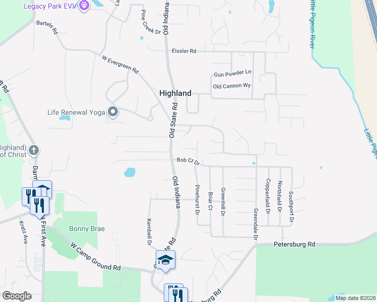 map of restaurants, bars, coffee shops, grocery stores, and more near 7210 Pinehurst Drive in Evansville