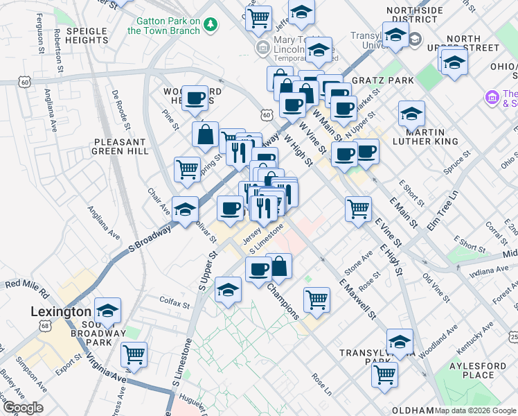 map of restaurants, bars, coffee shops, grocery stores, and more near 211 West Maxwell Street in Lexington
