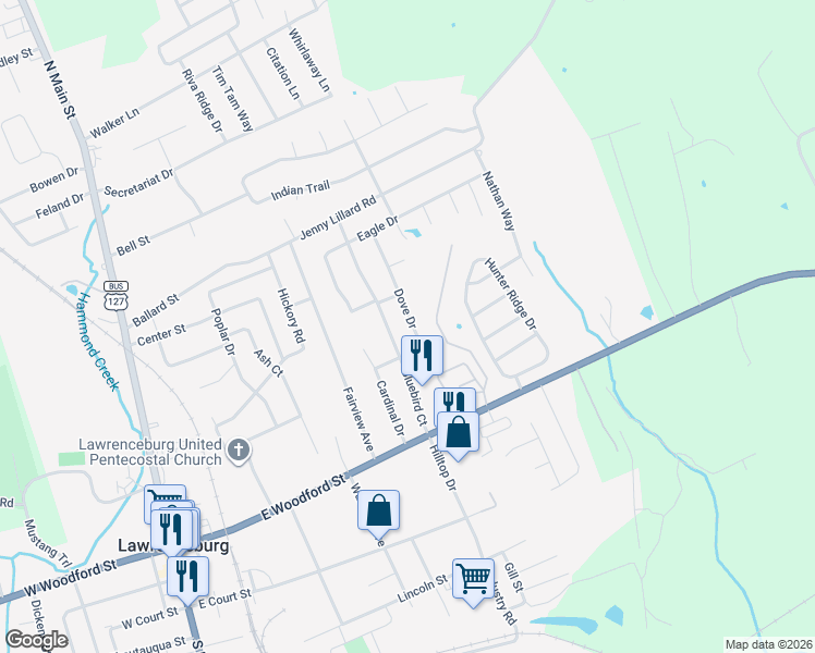 map of restaurants, bars, coffee shops, grocery stores, and more near 118 Dove Drive in Lawrenceburg