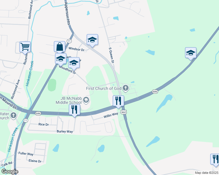 map of restaurants, bars, coffee shops, grocery stores, and more near 928 Woodford Drive in Mount Sterling