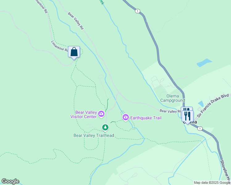 map of restaurants, bars, coffee shops, grocery stores, and more near 1 Bear Valley Road in Point Reyes Station