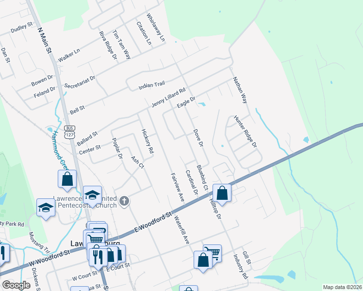 map of restaurants, bars, coffee shops, grocery stores, and more near 122 Bluebird Court in Lawrenceburg