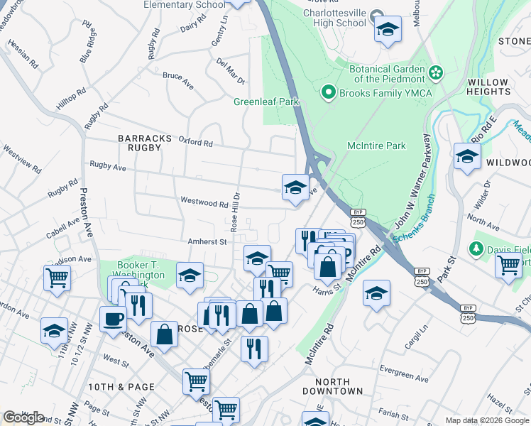 map of restaurants, bars, coffee shops, grocery stores, and more near 1425 Westwood Road in Charlottesville