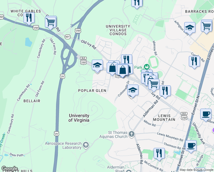 map of restaurants, bars, coffee shops, grocery stores, and more near 235 Colonnade Drive in Charlottesville