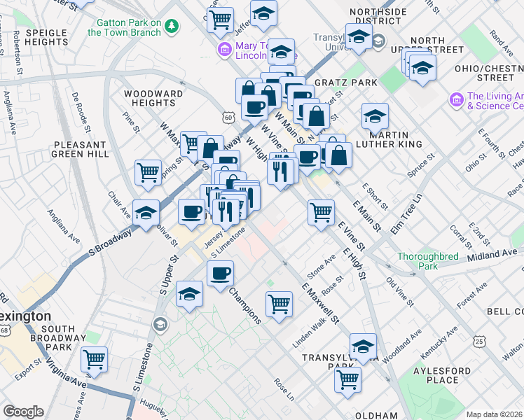 map of restaurants, bars, coffee shops, grocery stores, and more near 356 South Upper Street in Lexington