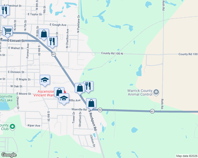 map of restaurants, bars, coffee shops, grocery stores, and more near 224 Vfw Boulevard in Boonville