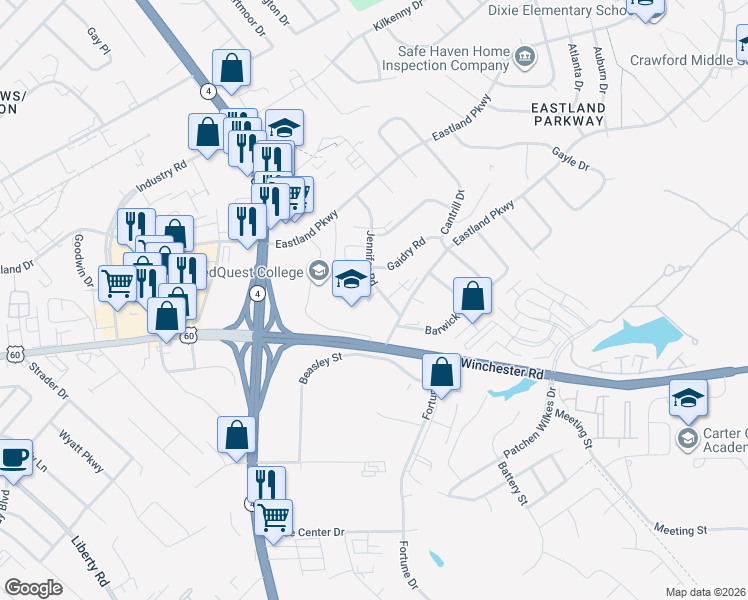 map of restaurants, bars, coffee shops, grocery stores, and more near 1748 Jennifer Road in Lexington